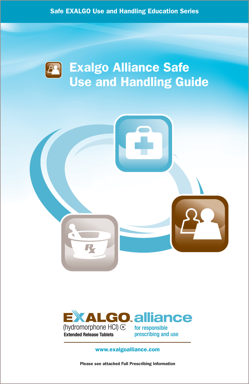 A cover page of a brochure titled "Exalgo Alliance Safe Use and Handling Guide". The cover page has a blue background with white text. The title  is written in large bold font at the top of the page. Above the title there is a subtitle that reads "Safe EXALGO Use & Handling Education Series". <br /><br />There are three icons on the cover page. The first icon is a mortar and pestle with "RX" on it the second is a first aid kit and the third is two people. The icons are arranged in a circular pattern with the first icon in the center and the two icons on either side.<br /><br />At the bottom there is a logo for the Exalgo Alliance and the website "www.exalgoalliance.com".