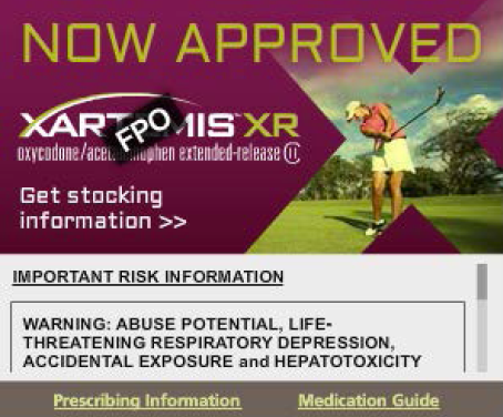 A cover page of a book titled "Now Approved XART FPO IS XR". The cover page has a purple background with a photo of a golfer on a golf course. The golfer is wearing a pink shirt and white shorts and is holding a golf club. The title of the book is written in bold white letters at the top of the page. Below the title there is a warning label that reads "Important risk information: Warning: Abuse potential life-threatening respiratory depression accidental exposure and hepatotoxicity". At the bottom of the cover page there are two buttons - "Prescribing Information" and "Medication Guide".