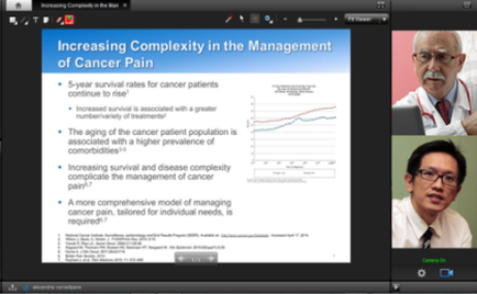 A screenshot of a presentation slide titled "Increasing Complexity in the Management of Cancer Pain". The slide has a white background with black text. On the left side of the slide there is a title that reads "5-year survival rates for cancer patients continue to rise". Below the title there are two graphs that show the increasing complexity of cancer pain in the management of cancer patients. On the right side there has a photo of a man in a white lab coat and glasses who appears to be a doctor or a medical professional. He is looking directly at the camera with a serious expression on his face. The slide also has a subtitle that explains that the aging of the cancer patient population is associated with a higher prevalence of comorbidities and that increasing survival and disease complexity is a more comprehensive model of managing cancer pain tailored for individual needs is required.