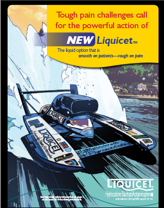 An advertisement for Liquicet a brand of lubricant. The background of the image is a blue sky with white clouds and a body of water in the foreground. In the center there is a black and white illustration of a speedboat with the brand's logo on the side. The speedboat is in motion with the water splashing around it. The text on the image reads "Tough pain challenges call for the powerful action of NEW LIQUICET. The liquid option that is smooth on patients-rough on pain." The text is in yellow and is in a modern sans-serif font. The overall color scheme of the advertisement is blue white and yellow.