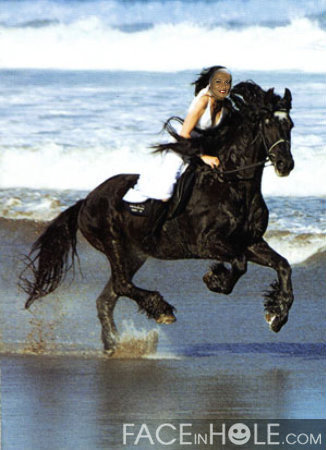 A young woman riding a black horse on a beach. The woman is wearing a white dress and has long black hair. The horse is galloping on the sand with its mane and tail flowing in the wind. The ocean can be seen in the background with waves crashing onto the shore. The sky is blue and the weather appears to be sunny and warm. The overall mood of the image is joyful and carefree.