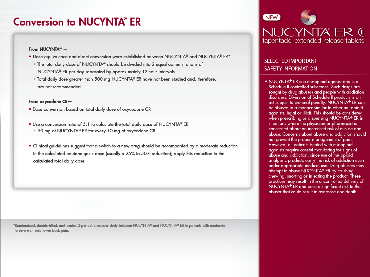 A screenshot of a webpage from the website NUCYNTA ER. The webpage is titled "Conversion to NUCYNTA ER" and has a red and white color scheme. On the right side of the page there is a list of selected important safety information about the product. The list includes information such as the product name dosage and other relevant details. <br /><br />At the top of the image there are two bullet points that explain the conversion process. The first bullet point explains that the product is from NUCYCYNA ER and that it is available for purchase. The second bullet point provides a brief description of the conversion and how it can be used to improve the overall health and safety of the user.<br /><br />The page also has a logo of the company on the top right corner. The background of the webpage is white and the text is black.