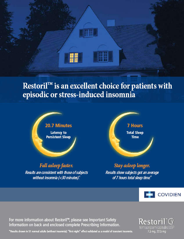 An advertisement for Restoril an excellent choice for patients with episodic or stress-induced insomnia. The background of the image is a night scene of a house with a crescent moon in front of it. The house is white with a sloping roof and a chimney. The sky is dark and there are trees in the background.<br /><br />The image also has text that reads "Restoril" in bold blue letters at the top. Below the text there is a brief description of the product which states that it is 20.7 minutes long and 7 hours long. The text also mentions that the product is fall asleep faster and that it can be used to reduce the risk of insomnia. There is also a call to action at the bottom of the advertisement that says "Stay asleep longer. Results are consistent with those of subjects without insomnia (30 minutes)".<br /><br />Overall the image conveys the message that Restoril is an effective choice for those who are struggling with insomnia and that the company provides information about the product.