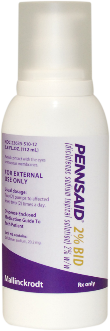 Of a white plastic bottle with a purple label. The label has the brand name "PENSAD" written in bold black letters at the top followed by the product name "2% BID" in smaller black letters. Below that there is a description of the product which states that it is for external use only. The bottle has a pump dispenser on the top and a cap on the side. The brand name is "Mallinckrodt" and the product is "Rx only". The bottle appears to be new and unused.