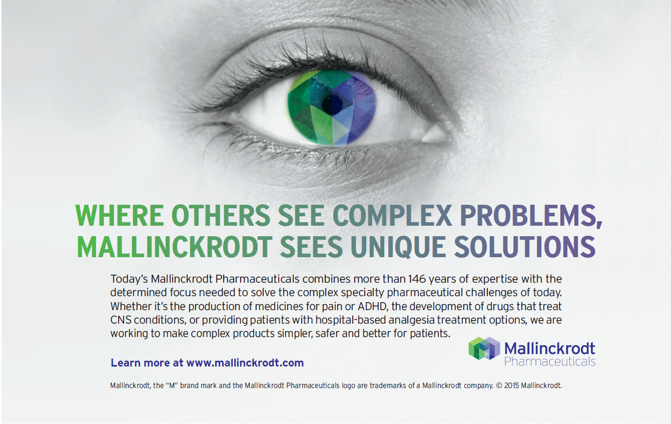 A close-up of a person's eye. The eye is the focal point of the image with the iris and pupil clearly visible. The iris is a bright green color and the pupil is a darker shade of green. The background is white and there is text on the image that reads "Where others see complex problems Mallinckrodt sees unique solutions." Below the text there is a website address and contact information for the company. The company's logo is also visible in the bottom right corner.