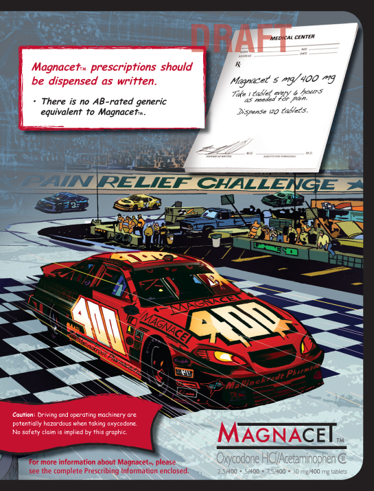 An advertisement for Magnacet. The background of the image is a race track with cars racing on it. The car in the foreground is a red race car with the number 400 on it and it is driving on a track with other cars in the background. <br /><br />The main text on the image is in black and red font on a white banner. It reads  "Magnacet prescriptions  must be dispensed as written" and explains that it does not have an AB-rated generic equivalent. Next to the banner is an illustration of an example prescription of Magnacet.<br /><br />On the bottom left corner of the text  there is a warning label that reads "Caution: Driving and operating machinery are potentially hazardous when taking oxycodone." Magnacet's logo is also visible in the bottom right corner.<br /><br />A watermark indicates that the advertisement is a draft.