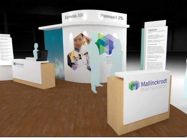 A trade show booth with a modern design. The booth is white with a blue and green color scheme and has a large banner on the front that reads "Xartemis XR" and "Pennsylvania 2%". The banner also has an image of a group of people and a colorful geometric pattern. On the right side of the booth there is a sign that says "Mallinckrodt Pharmaceuticals" and on the left side there are two smaller signs with information about the booth. The background is a wooden floor and there are white mannequins in the background.