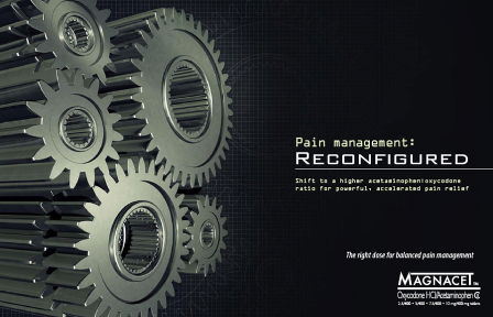 A group of metal gears on a black background. The gears are arranged in a way that they are overlapping each other creating a sense of depth and dimension. The image is accompanied by text that reads "Pain management: RECONFIGURED" and "The right gear for balanced pain management". The text is in white and is positioned on the right side of the image. The overall design is modern and sleek with a metallic finish.