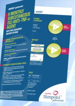 A brochure or flyer for a monthly subcutaneous (SC) anti-tnf-cx agent. The brochure is divided into two sections. The left side of the brochure has a blue background with white text that reads "A Monthly Subcutaneous SC) Anti-TNF-CX Agent" and "With Two Convenient Delivery Options". On the right side there is a white background with a yellow play button in the center. Below the play button there are three smaller yellow circles with text inside them. The text inside the circles explains the benefits of the agent and how they can be used to treat it.<br /><br />The brochure also has a red and white logo at the bottom right corner that says "Monthly Simponi Golfumab". The overall design is modern and professional with a clean and organized layout.