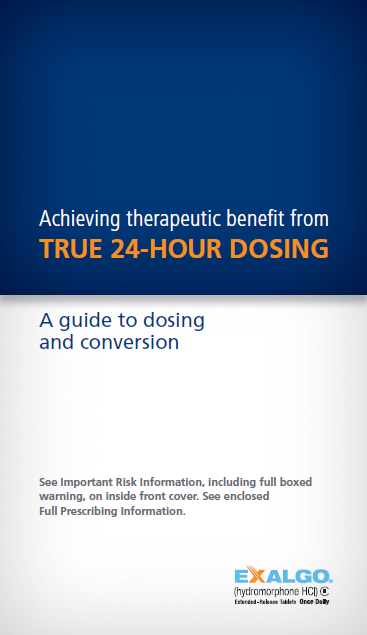 A cover page of a book titled "Achieving therapeutic benefit from TRUE 24-hour Dosing: A guide to dosing and conversion". The cover page has a blue background with white text. The title of the book is written in large bold font at the top of the page. Below the title there is a subtitle that reads "See Important Risk Information including full boxed warning on inside front cover. See enclosed Full Prescribing Information." The author's name "Exalgo" is written below the title in smaller font. At the bottom right corner there are two logos one for Exalgo and the other for Hydromorphone HCI.