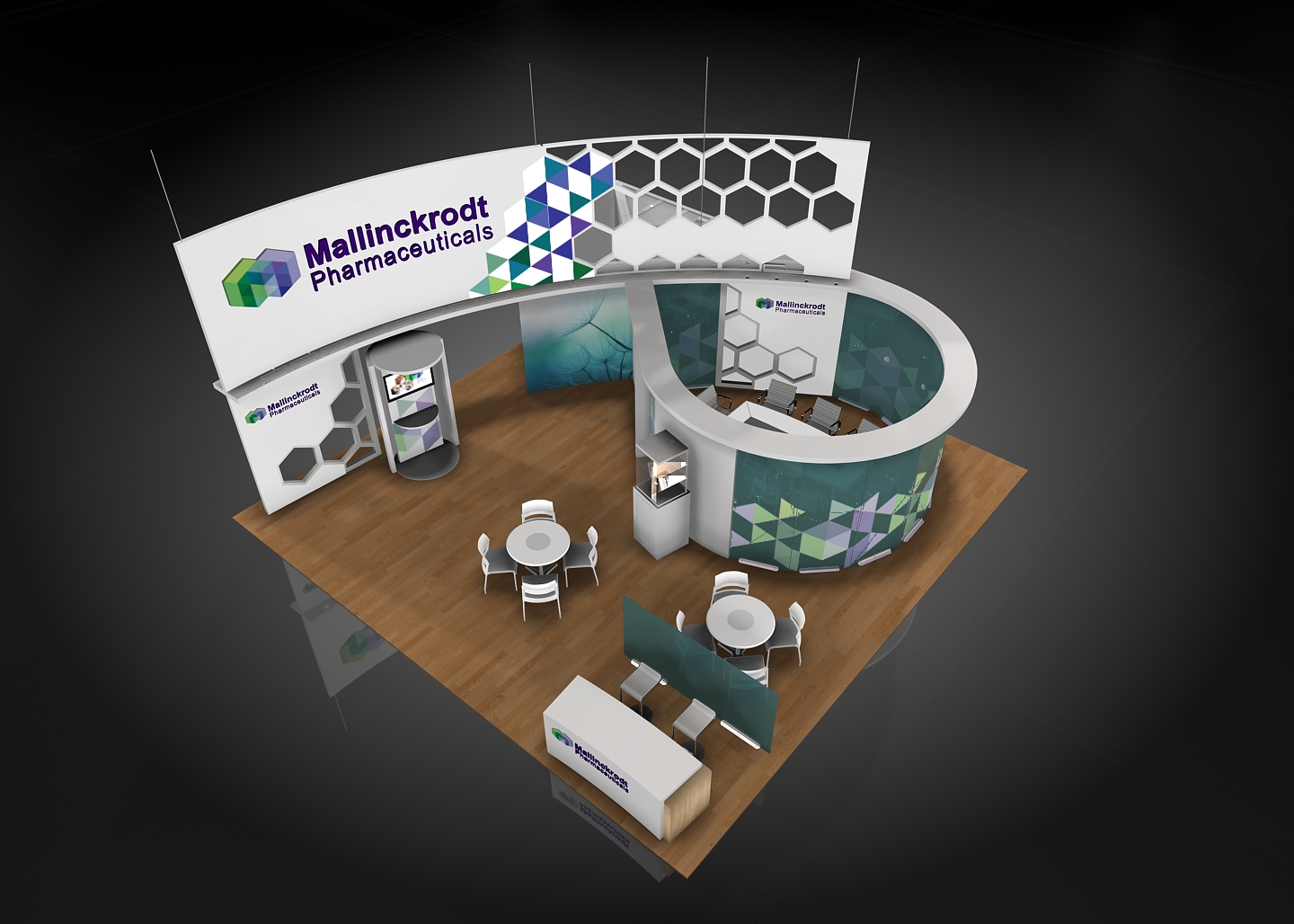 A 3D rendering of a trade show booth for Mallinckrodt Pharmaceuticals. The booth is circular in shape and has a white background with a colorful geometric pattern. On the left side of the booth there is a large banner with the company's logo and name in bold black letters. <br /><br />The booth is set up on a wooden floor with a circular table and chairs in the center. The table is white and there are several chairs around it. The chairs are arranged in a semi-circle around the table creating a seating area for customers to sit and enjoy the view.<br /><br />On the right side there are two large circular booths with a green and white geometric pattern on the walls. The booths are connected by a curved staircase that leads to the second floor. The overall design of the booths is modern and eye-catching with a combination of geometric shapes and colors.