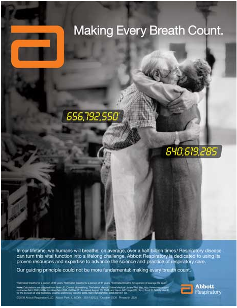 An advertisement for Abbott Respiratory. It features a black and white photograph of an elderly couple embracing each other in a warm hug. The man is wearing a plaid shirt and apron while the woman has her arms around the man's waist. They are both smiling and appear to be happy.<br /><br />The background of the image is a room with shelves and racks filled with medical supplies. The text on the image reads "Making Every Breath Count." Below the text there is a phone number and a brief description of the company's services. The company's logo is also visible in the top left corner.