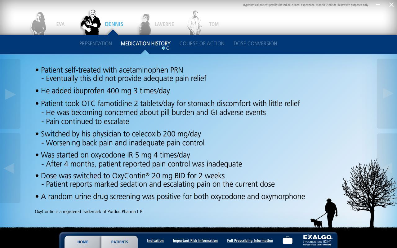 A screenshot of a webpage from the Exalgo website. The webpage is titled "Presentation Medication History Course of Action" and has a blue header with white text. Below the header there is a title that reads "Patient self-treated with acetaminophen PRN". <br /><br />The main content of the webpage is divided into three sections. The first section has a list of patient information about the treatment including the patient's name date of birth and the date of the treatment. The second section has an image of a person walking a dog on a leash. The third section has information about a patient who has been diagnosed with acute pain relief.<br /><br />At the bottom of the page there are two buttons - "Home" and "About" - which are likely used to navigate through the webpage. The page also has a search bar at the top and a navigation menu at the bottom.