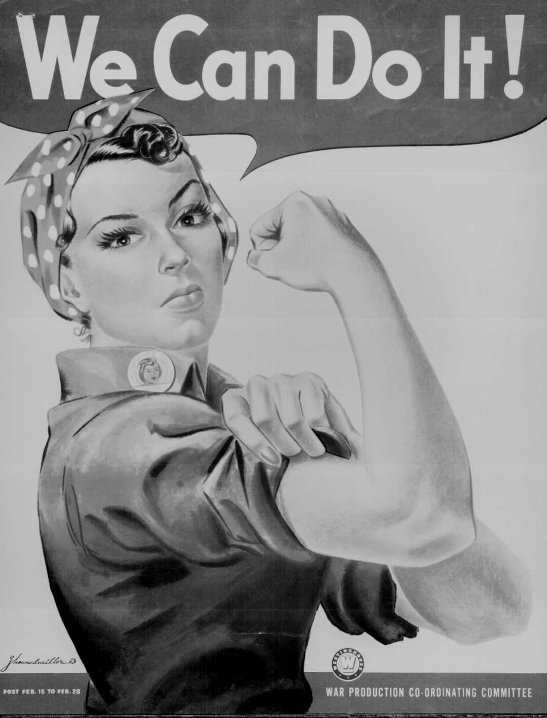 A black and white version of the iconic Rosie the Riveter poster. She is shown flexing her bicep which is a symbol of strength and power. The illustration is done in a realistic style with bold lines and shading to give it a lifelike appearance. The woman is wearing a polka-dot headscarf and a collared shirt with a badge on the left side of her collar. She has a serious expression on her face and is looking directly at the viewer. Above her head there is a speech bubble with the words "We Can Do It!" written in bold letters. The background is plain white making the woman and the text stand out. The text at the bottom indicates the image was created by the War Production Co-ordinating Committee. 