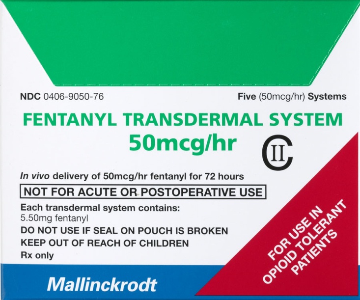 A label for a Fentanyl Transdermal System 50mg/hr medication. The label is rectangular in shape and has a green background with white text. The top of the label has the brand name "NDC 0406-9050-76" in bold letters followed by the number "5" in smaller letters. Below that there is a description of the medication which states that it is in vivo delivery of 50mg /hr fentanyl for 72 hours. <br /><br />The label also mentions that the medication is not for acute or postoperative use and that it contains 5.50mg fentanyl. There is also a note that reads "Do not use if seal on pouch is broken. Keep out of reach of children. Rx only."<br /><br />On the right side of the image there are two red and white labels one for "For use in opioid tolerant patients" and the other for "Mallinckrodt". The label also has a logo of the company Mallinckrodt in the bottom right corner.