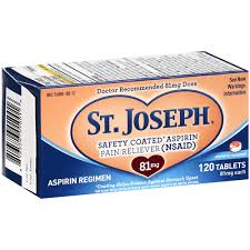 Of a box of St. Joseph Safety Coated Aspirin Pain Reliever (NSAID) tablets. The box is rectangular in shape and has a blue and orange color scheme. The front of the box has the brand name "St. Joseph" written in bold white letters along with the product name "Aspirin Regimen" in smaller white letters. Below the brand's name there is a description of the product which states that it is a safety coated aspirin pain reliever (NSAIDs) and contains 120 tablets. There is also a barcode on the top left corner and a label on the bottom right corner that reads "120 tablets". The box appears to be new and unused.