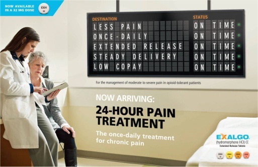 An advertisement for a 24-hour pain treatment offered by Exalgo. The advertisement features a doctor and an elderly woman sitting on a bench in a hospital room. The doctor is wearing a white coat and is holding a tablet while the elderly woman is looking at it intently.<br /><br />In the center of the image there is a large blackboard with the text "Destination: Less pain once-daily extended release steady delivery low copy" and "Status: On time on time" written on it. Below the board there are two buttons - "Now Arriving: 24-Hour Pain Treatment" and a "Exalgo" button. The background of the advertisement is white and the text is in black and yellow. The overall design is modern and professional with a focus on the doctor and patient.