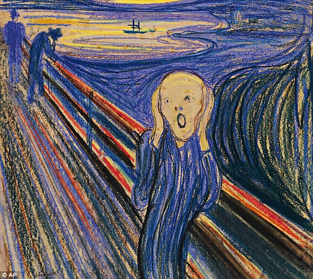 A painting by the artist Edvard Munch titled "The Scream". It depicts a  man in a blue coat standing in the center of the painting with his mouth open in a scream. He is standing on a bridge and the background is a dark blue possibly a harbor or other body of water. On the left side of the image there are two figures standing on the bridge one of whom is overlooking the body of water. The painting is covered in long flowing lines of blue and red creating a sense of movement and energy. The overall mood of the scene is chaotic and surreal.