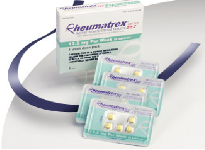 A pack of Rheumatrex tablets. The pack is white with blue and green text that reads "12.5 mg Per Week". The pack contains four tablets each with a yellow cap. The tablets are arranged in a triangular formation with the pack on the left side and the pack in the middle. The background is white and there is a blue curved line on the right side of the image.