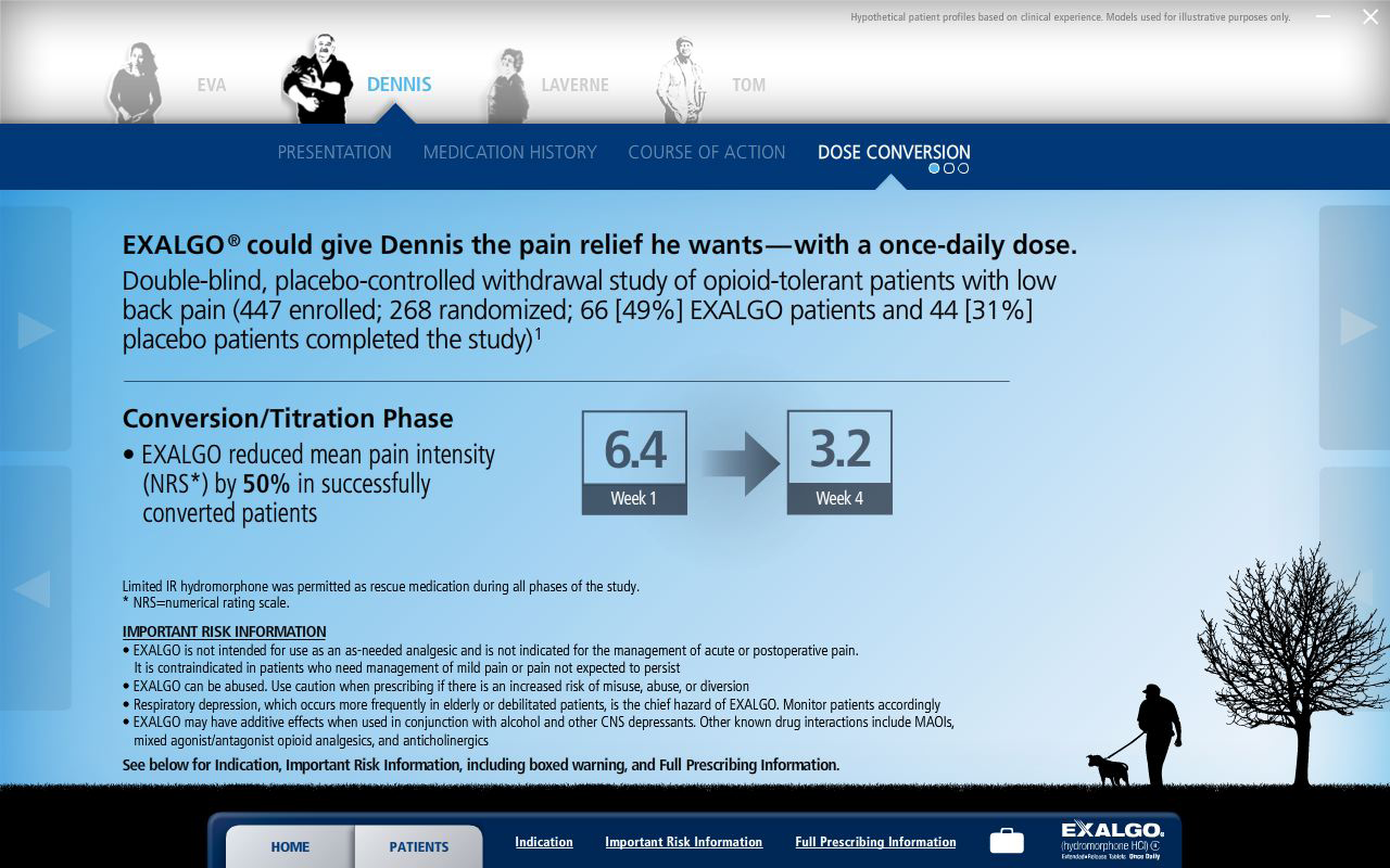 A screenshot of the homepage of a website called "Exalgo.com". The website has a blue and white color scheme with a blue header and footer. The header has the company's logo and contact information at the top. Below the header there is a navigation bar with links to different sections of the website.<br /><br />The main content of the page is divided into three sections. The first section is titled "Conversion/Titration Phase" and it explains that Exalgo could give Dennis the pain relief he wants with a once-daily dose. The second section explains that Double-blind placebo-controlled withdrawal study of opioid-tolerant patients with low back pain (44.7%) and 44.3% of patients completed the study. The third section discusses the conversion/titration phase of the study which is 64.4% reduced pain intensity (NHS) by 50% in successfully converted patients. The fourth section shows that the study was conducted by 3.2 weeks and the fifth section shows a person walking a dog on a leash. The background of the image is white and there is an illustration of a tree on the right side.