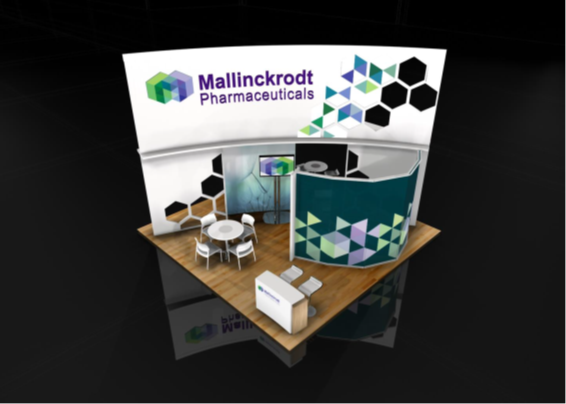 A 3D rendering of a trade show booth for Mallinckrodt Pharmaceuticals. The booth is white with a colorful geometric design on the front. The design features a large banner with the company's logo and name in bold black letters. The banner also has a colorful hexagon pattern in shades of blue green and purple.<br /><br />The booth is set up on a wooden platform with a white table and chairs in front of it. There is also a large screen on the right side of the booth displaying information about the company. The background is black making the booth stand out even more. The overall design is modern and eye-catching.