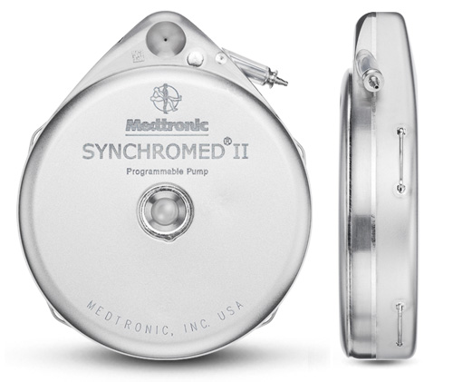 A silver-colored device with the brand name "Medtronic Synchromed II Programmable Pump" written on it. The device appears to be a medical device as indicated by the logo on the top left corner of the device. It has a round circular base with a small hole in the center which is likely for the pump to be inserted into. On the right side of the image there is a close-up of the back panel which shows the device's internal components. The back panel has a handle on the left side for easy carrying.