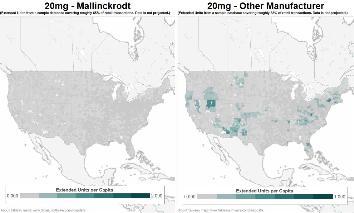 Two maps of North America with a focus on the United States of America. It shows the borders of each county. Each county is filled in with different shades on a gradient from grey to green. The map on the left is titled "20 mg - Mallinckrodt" and the map on the right is titled "20mg - Other Manufacturers". Under each title there is a disclaimer that reads "(Extended Units from a sample database covering roughly 65% of retail transactions. Data is not projected.)" A key shows that the color represents extended units per capita with grey indicating 0 units and the darkest color green indicating up to 2000 units for the map on the left and 1000 units for the map on the right. A footer on the map indicates that the graphic was created in Tableau. 