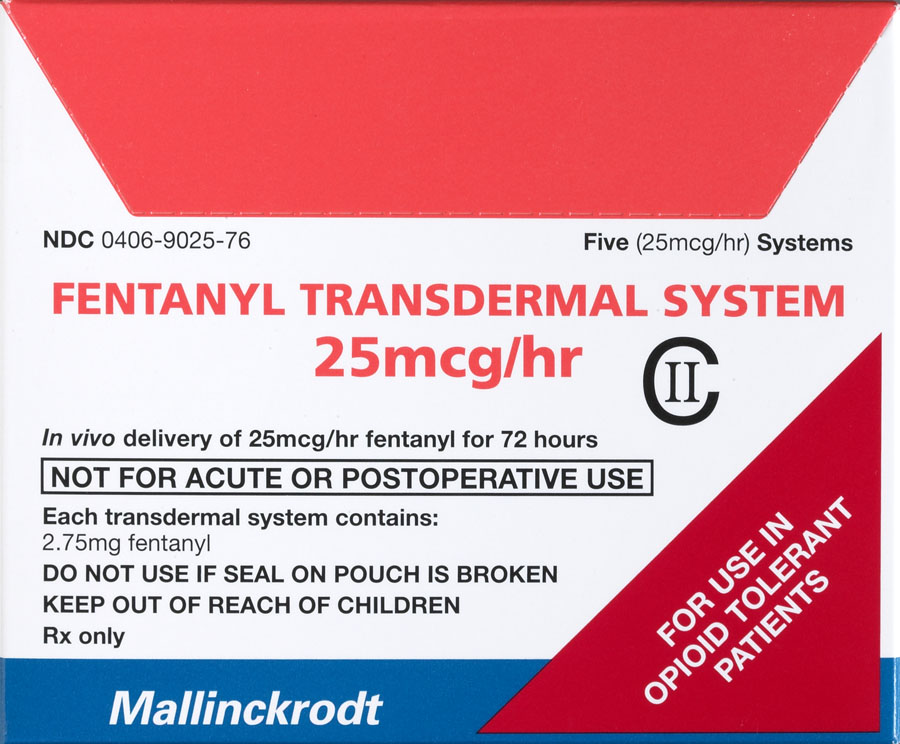 A product label for a Fentanyl Transdermal System. The label is rectangular in shape and has a red and white color scheme. The top of the label has the brand name "Mallinckrodt" written in bold black letters. Below that there is a description of the product which states that it is in vivo delivery of 25mg/hr fentanyl for 72 hours. <br /><br />The label also mentions that the product is not for acute or postoperative use and that it contains 2.75mg fentanyl. There is also a note that says "Do not use if seal on pouch is broken. Keep out of reach of children. Rx only."<br /><br />On the right side of the image there are two logos one for Mallinckrodt and the other for Opioid Tolerant Patients. The bottom right corner has the text "For use in opioid tolerant patients".