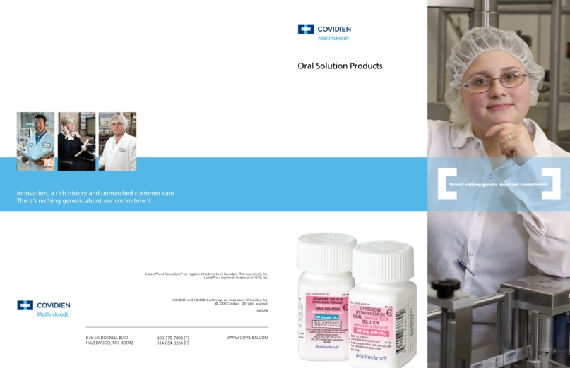 An advertisement for Covidien Oral Solution Products. It features a young woman wearing a white lab coat and a hairnet standing in front of a machine. She is smiling and looking at the camera. On the left side of the image there is a blue banner with the company's logo and contact information. <br /><br />On the right side there are two white bottles with pink labels. The bottles are placed on a conveyor belt. The background is blurred but it appears to be a laboratory or laboratory setting.<br /><br />The overall design of the advertisement is clean and modern with a focus on oral solution products.