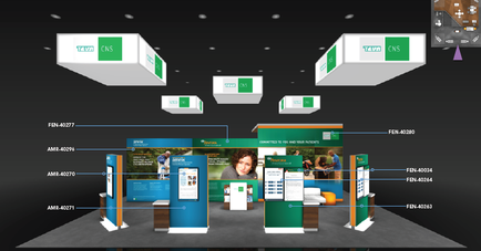 A 3D rendering of a trade show booth design. The booth is divided into three sections each with a different color scheme - green blue and white. The green section has a large banner with a photo of a woman in the center and the blue section has an image of a man in a suit and tie. The banner also has text that reads "tea CNS" in white letters. There are also several smaller banners hanging from the ceiling with the same green and white color scheme. The banners are arranged in a way that they form a grid-like pattern with each banner representing a different aspect of the booth's design. There are also two smaller banners on either side of the banner one with a green background and the other with a white background. The overall design is modern and professional with a focus on the company's logo and contact information.