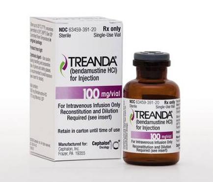 A white box with the brand name "tread" and the product name "Bendamustine HCI for Injection" printed on it. The box is rectangular in shape and has a label on the front that reads "NDC 63459-391-20 Rx only". The label also mentions that the product is for Intravenous Infusion Only and that it is required to see insert. Next to the box there is a small brown glass vial with a black cap. The vial is labeled "100 mg/ml" and has the brand's logo on the side. The background is plain white.