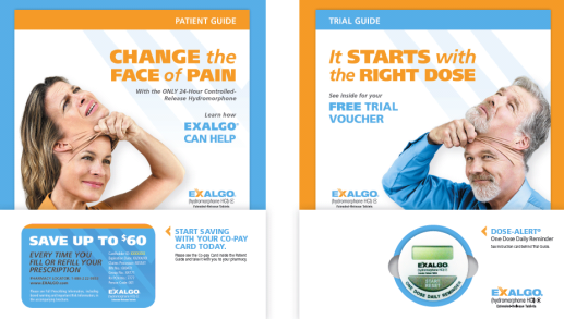 A set of two brochures for a patient guide and trial guide. The first brochure on the left is titled "Change the face of pain" and has an image of a woman with her head in her hands smiling and looking up at the sky. The text on the brochure reads "It starts with the right dose" and "Free trial voucher". The second brochure has an illustration of a man with a beard and mustache wearing a blue shirt with the text "Exalgo" above his head. The brochure also has a blue banner at the bottom that reads "Save up to $60" and a blue button that says "Start saving with your co-pay card today".