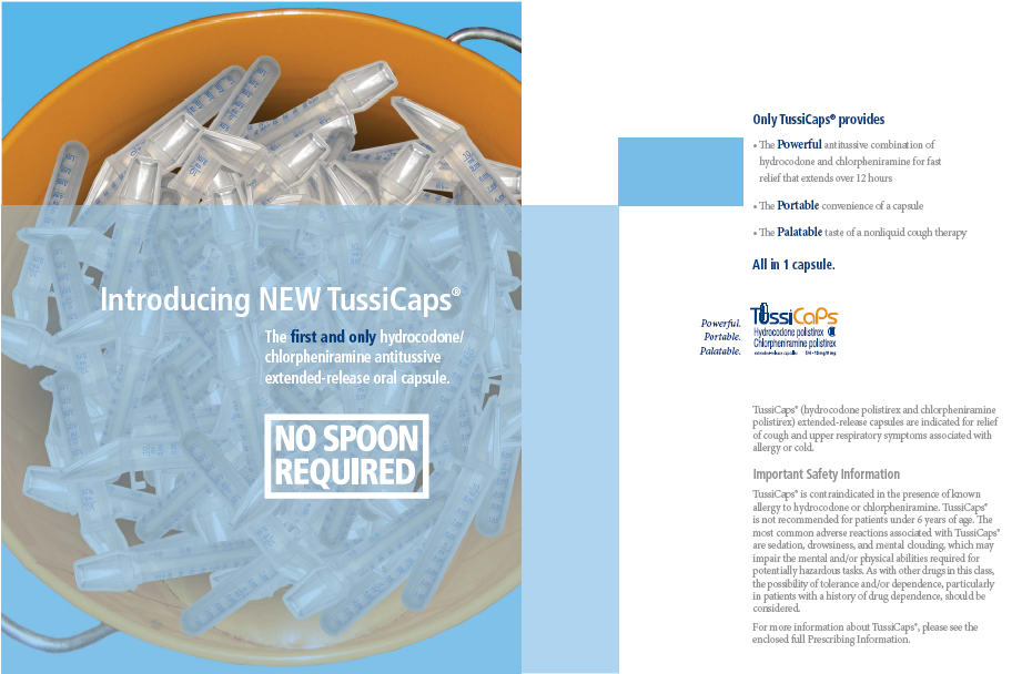 An advertisement for TussiCaps with the tagline "Introducing New Tuscans : the first and only hydrocodone/chlorpheniramine antitussive extended-release oral capsule : No spoon required". The text explains that TussiCaps are Powerful Portable and Palatable. On the left side of the image there is an orange bucket filled with discarded dosing spoons (showing the waste created by alternative methods of dosing similar products). There is also Important Safety Information at the bottom.