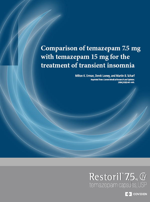 A cover page of a book titled "Comparison of temazepam 7.5 mg with temazepam 15 mg for the treatment of transient insomnia". The background is a deep blue color with a white wave-like pattern on the left side. The wave appears to be made up of thin curved lines that create a sense of movement and energy. On the right side of the page there is a title in white text that reads "Restoril 7.6 mg" and a subtitle in smaller text. The author's name Milton K. Erman is written in smaller font below the title. The publisher's logo "Covidien" is also visible in the bottom right corner.