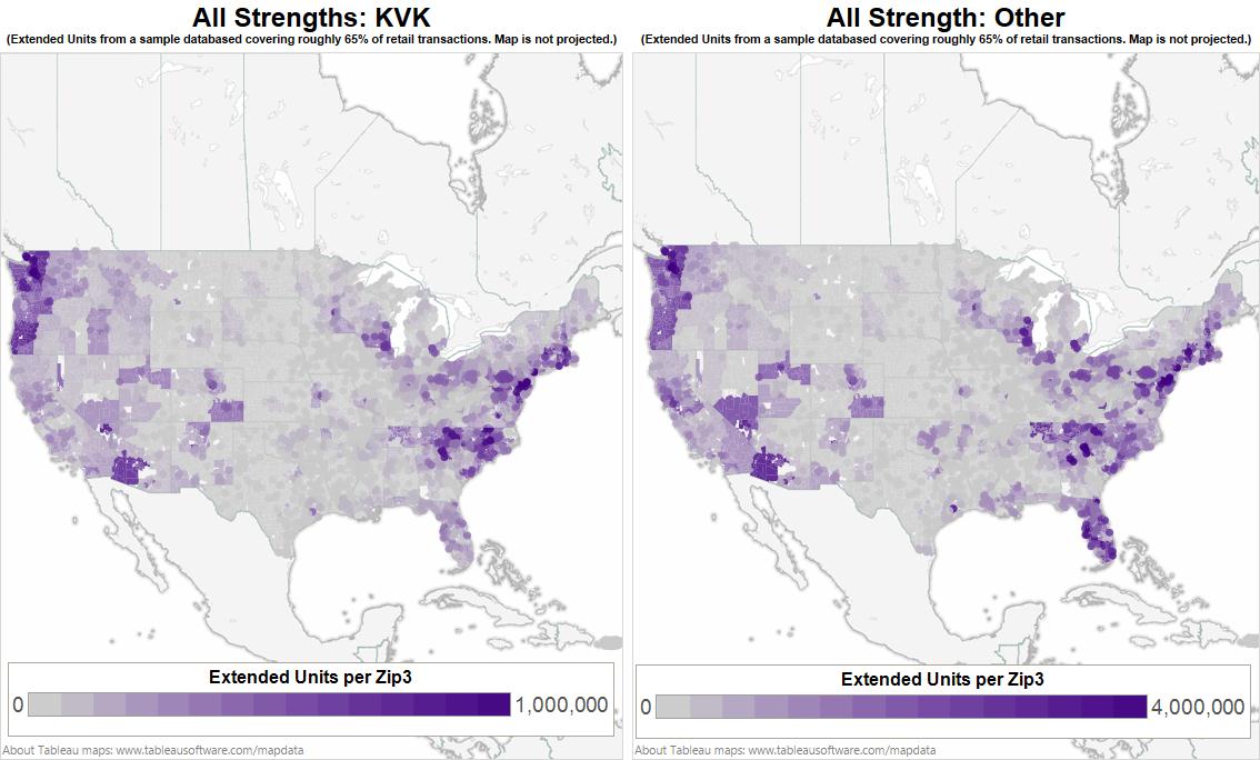 A map of the United States showing the extent of all strengths in each state. The map is divided into two sections one for each state and the other for the other.<br /><br />The map is color-coded with each state represented by a different color. The colors range from light purple to dark purple with some areas being darker purple and others being lighter purple. The areas are labeled with the names of the states such as "All Strengths: KVK" and "Other."<br /><br />There are also two bars on the map one labeled "Extended Units per Zip3" and another labeled "4000000". The bars are labeled as "1000.000" indicating that the map is showing the number of extended units per zip3 in the state. There is also a legend at the bottom of the map that explains the meaning of each bar.