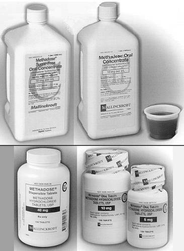 A collage of four different types of medicine bottles. <br /><br />The first bottle on the top left is a white plastic jug with a label that reads "Methadose Oral Concentrate". The label also has an image of a pill and the words "Oral Concentrate" written in bold black letters. The second bottle in the top right is a small plastic container with a black lid. The third bottle is a clear plastic bottle with a white label. The fourth bottle is smaller and has a white cap. The fifth bottle is larger and has the same label as the first bottle.<br /><br />All the bottles appear to be new and unused with no visible labels or packaging. The background is plain white.