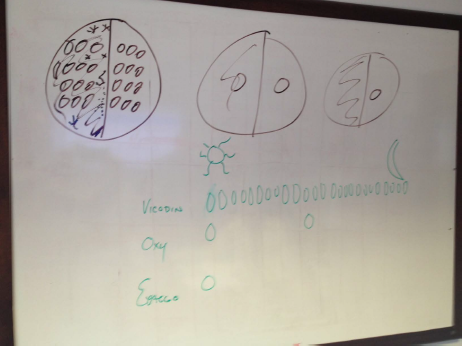 A whiteboard with three drawings on it. On the left side of the whiteboard there is a drawing of a circle with numbers inside it. The circles are arranged in a triangular formation with the largest circle in the center and the two smaller circles on either side. <br /><br />The first circle on the top left is labeled "Vicious" and has a number inside it indicating that it is a virus or bacteria. The second circle is labeled as "Oxygen" and contains a number of numbers inside the circle. The third circle is labeled as "20".<br /><br />In the center of the image there are three smaller circles each with a different number inside them. The numbers inside each circle are written in black ink and are drawn in a simple cartoon-like style.<br /><br />There is also a small drawing of an insect in the bottom right corner of the board. The insect appears to be a small green insect with a long body and antennae. The text on the board is written in green ink and is not visible in the image.