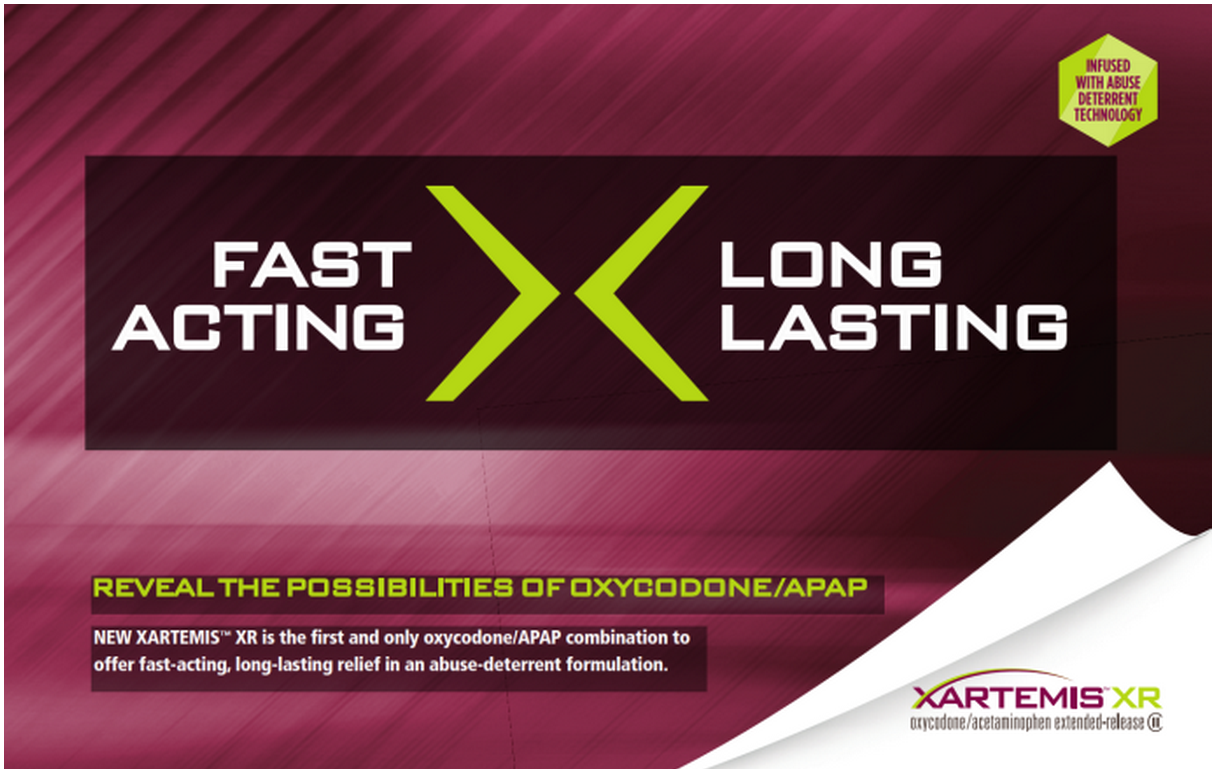 An advertisement for a product called "Fast Acting X Long Lasting". The background of the image is a gradient of pink and purple with the text "Reveal the possibilities of Oxycodone/APAP" in bold white letters at the top. Below the text there is a smaller text that reads "New XARTEMIS XR is the first and only oxycodone-APAP combination to offer fast-acting long-lasting relief in an abuse-detection formulation." The text is in a modern sans-serif font and is centered on the image. The overall design is simple and minimalistic.