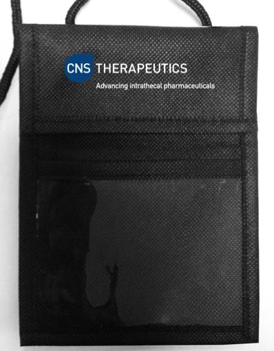 Of a black pouch with a drawstring closure. The pouch is made of a mesh-like material and has a small pocket on the front. On the front of the pouch there is a blue logo with the text "CNS Therapeutics" and "Advancing Intraceutical Pharmaceuticals". The logo is a stylized letter "C" with a white outline and a blue "N" in the center. The text is written in white and is in a modern sans-serif font. The background of the image is white.