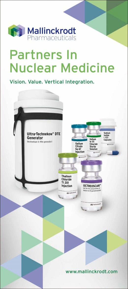 An advertisement for Mallinckrodt Pharmaceuticals a company that partners in nuclear medicine. The background of the image is white with a geometric pattern in shades of green blue and purple. On the left side there is a large white container with a black lid and a label that reads "Ultra-Technikow DTE Generator". Next to the container there are six small bottles of different sizes and colors - white green purple and blue. The bottles are arranged in a line with the largest bottle in the center and the smallest bottles on the right side. The text on the image reads "Partners In Nuclear Medicine: Vision Value Vertical Integration."