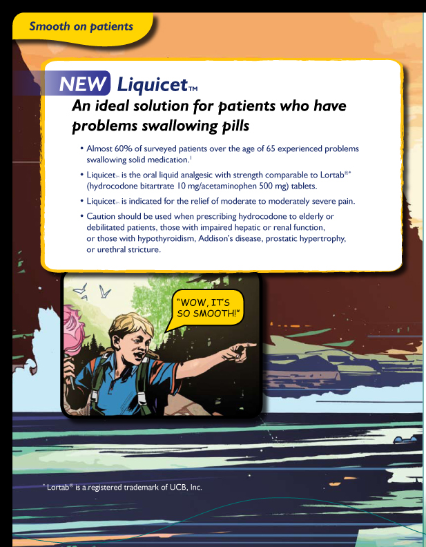 An advertisement for a product called "New Liquicet. An ideal solution for patients who have problems swallowing pills". The background of the image is a colorful illustration of a man with blonde hair and a blue shirt holding a pink flower in his hand. He is standing in front of a body of water with mountains in the background. The text on the image reads "Smooth on patients" and "Liquicet" in bold white letters. Below the text there is a yellow banner with the product name and a description of the product. The overall color scheme of the illustration is bright and vibrant with a mix of blues greens and yellows.