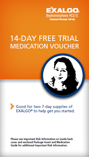 An advertisement for a 14-day free trial medication voucher from Exalgo. The voucher is orange in color and has a white background. On the right side of the voucher there is a blue circle with a photo of a woman's face in the center. The woman has long dark hair and is smiling. Below the photo it says "Good for two 7-day supplies of EXALGO® to help get you started. Please see Important Risk Information on inside back cover and enclosed Package Insert and Medication Guide for additional important risk information." <br /><br />At the top of the image there are the Eagle logo and the text "14-Day Free Trial Medication Voucher" in black font. The text is in a smaller font size and is centered on the page.