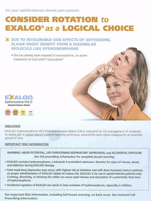 An advertisement for Exalgo a medication used to treat opioid-tolerant chronic pain patients. The advertisement is divided into two sections. The top section is titled "Consider Rotation to EXALGO as a Logical Choice" and has an image of a woman with her hand on her head looking up at the sky with a concerned expression. Below the image there is text that explains that the medication is due to intolerable side effects of oxycodone elaine might benefit from a dissimilar molecule like hydromorphone.<br /><br />The bottom section of the advertisement has information about the medication including its potential risks potential life-threatening respiratory depression and accidental exposure. The text also mentions that it is an important risk information for the medication. The background of the image is white and the text is in black.