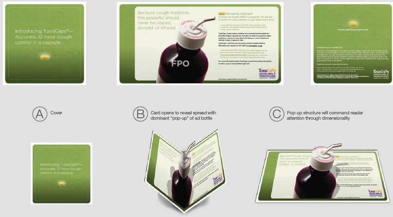 A collage of six different images and text. The first image on the top left shows a green card with a white label that reads "Introducing TussiCaps" and a yellow button on the right side. The second image in the center shows a bottle of FPO (FPO) with a green cap and a white cap. The third image shows a close-up of the bottle with the label on it. The fourth image shows the label with the text "FPO" and the text on it and the fifth image shows an illustration of a bottle with a red cap. <br /><br />The sixth image shows two smaller images on the bottom right side of the card one showing the bottle and the other showing the label. The text on the card reads "Card opens to reveal spread with dominant pop-up-up ad bottle" and "Pop-up structure will command reader attention through dimensionality". The card appears to be a brochure or advertisement for a product called FPO.