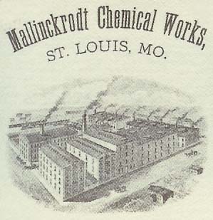 A black and white illustration of a large industrial area with multiple buildings and factories. The buildings appear to be made of brick or stone and are arranged in a grid-like pattern. There are several chimneys and smokestacks on the buildings and a large plume of smoke is rising from one of them. The text above the image reads "Mallinckrodt Chemical Works St. Louis MO." The text below the image is in a serif font and is in black ink. The image appears to be an old vintage-style illustration.