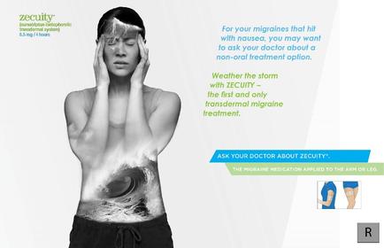 An advertisement for security a medical treatment company. It features a black and white photograph of a young woman with her head in her hands looking distressed. The woman appears to be in pain or discomfort with her eyes closed and her mouth slightly open. The background is white and the text on the right side of the image reads "For your migraines that hit with nausea you may want to ask your doctor about a non-oral treatment option. Weather the storm with security - the first and only transdermal migraine treatment." On the left side there is an image of a person's arm and leg with the text "Ask Your Doctor About security" above it. The text below the image asks the viewer to ask their doctor about the migraine medication applied to the arm or leg.