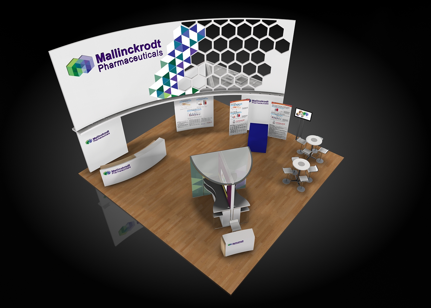 A 3D rendering of a trade show booth for Mallinckrodt Pharmaceuticals. The booth has a curved design with a white background and a colorful geometric pattern on the top. On the left side of the booth there is a large banner with the company's logo and contact information. <br /><br />The booth is set up on a wooden floor with a blue and white color scheme. There are several tables and chairs arranged around the booth for visitors to sit and interact with. There is also a large screen on the right side likely displaying information about the company and its products.<br /><br />Overall the booth appears to be modern and professional with a clean and organized layout.