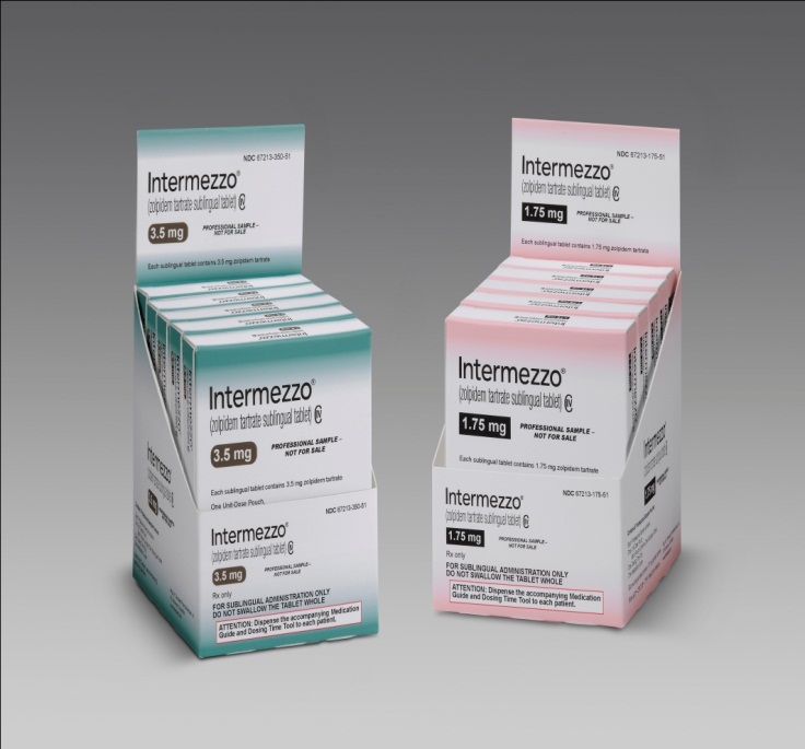 Two boxes of Intermezzo tablets. The boxes are rectangular in shape and have a white background with blue and pink accents. The top box has the brand name "Intermezzo" written in bold black letters followed by the product name "3.5 mg" in smaller black letters. The bottom box has a label that reads "1.75 mg". The boxes appear to be new and unused with no visible damage or wear.