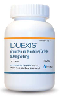 Of a white plastic bottle with a blue label. The label has the brand name "DUEXIS" written in bold black letters at the top followed by the product name "(ibuprofen and famotidine) Tablets" in smaller black letters. Below that there is a description of the product which states that it is 800 mg/26.6 mg and 90 tablets. The bottle has a white cap and is placed on a white background. At the bottom of the label it says "Attention Pharmacist: Dispose attached medication guide to each patient." The label also mentions that the product is available for purchase online.