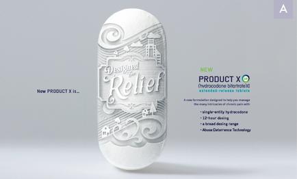 A 3D rendering of an oval-shaped object with a white background. The object appears to be made of a smooth glossy material and has a textured surface. The text on the object reads "Designed Relief" in a bold cursive font. Below the text there is an illustration of a cityscape with buildings trees and clouds. The illustration is in a light grey color and is surrounded by a decorative border. On the right side of the image there are two options - "New PRODUCT X" and "Product X". The text is in black and white and is positioned in the center of the oval. The image also includes a brief description of the product which states that it is a new product designed to help people manage the symptoms of hypothyroidism.